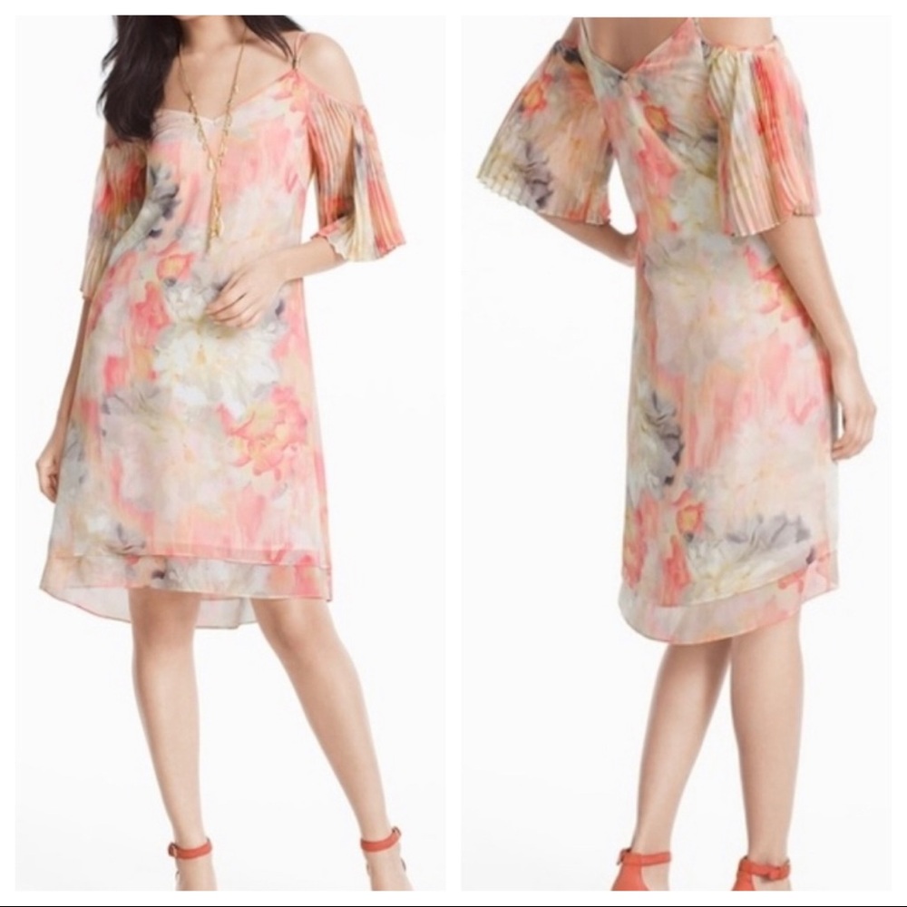 WHBM water color floral pleat cold shoulder dress